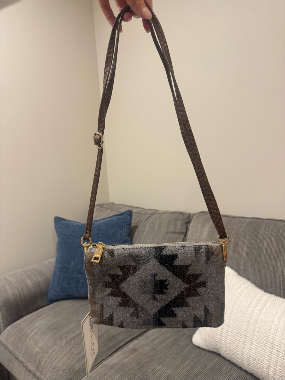 Gray Aztec-Pattern Crossbody Bag with Brown Adjustable Strap